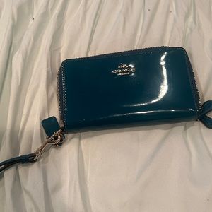 Teal Coach patent leather wristlet/wallet